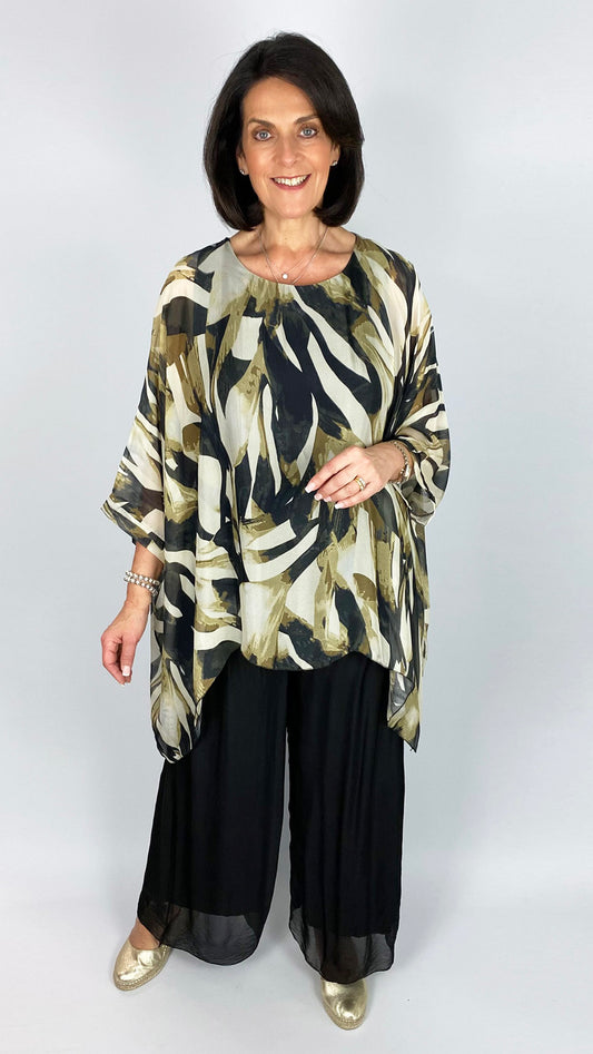 Silk print square-cut top & wide-leg trouser set | 2 Colours