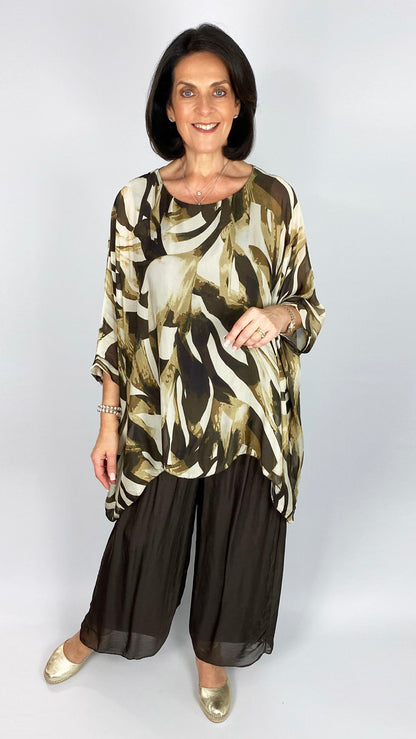 Silk print square-cut top & wide-leg trouser set | 2 Colours