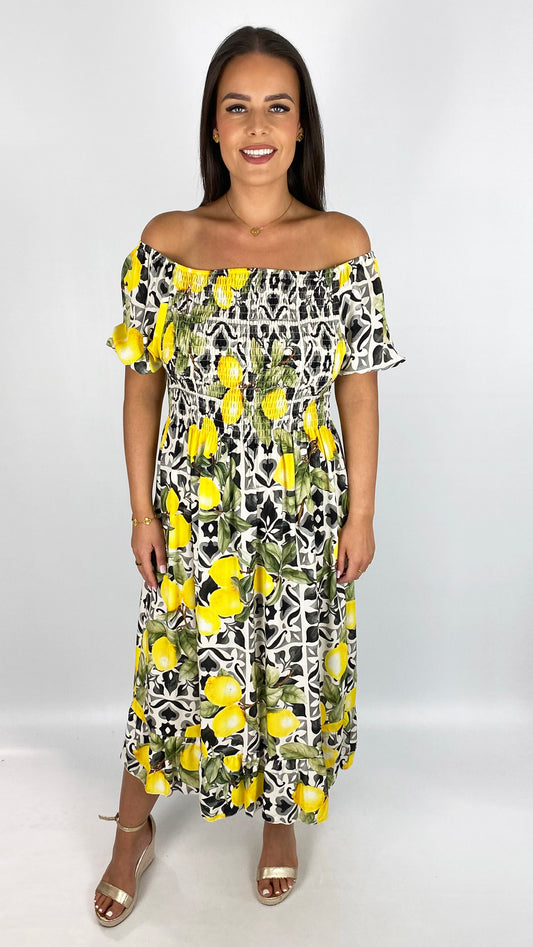 Sicilian print on/off-the-shoulder dress | 2 Colours