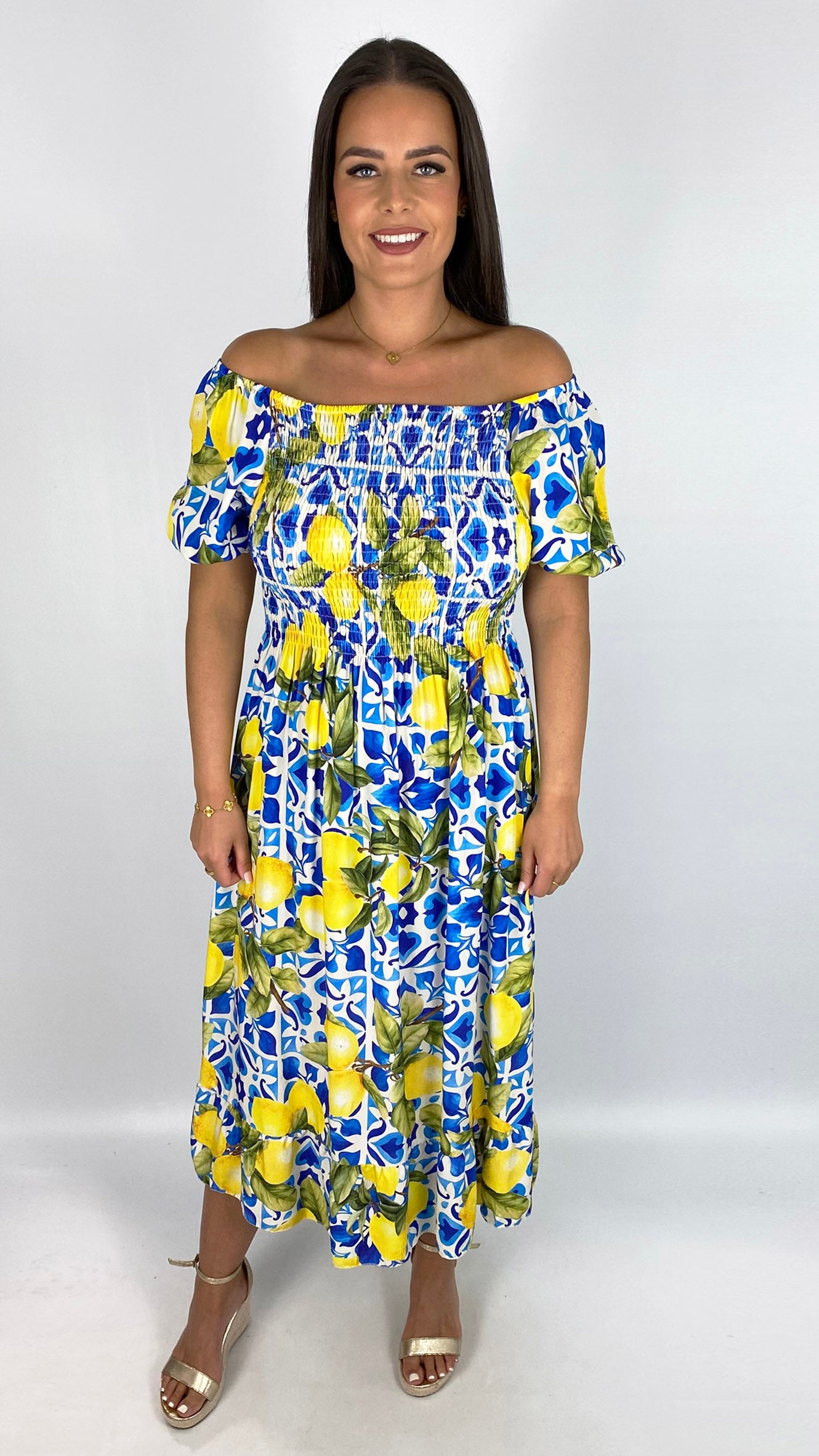 Sicilian print on/off-the-shoulder dress | 2 Colours