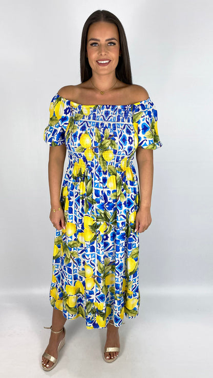 Sicilian print on/off-the-shoulder dress | 2 Colours