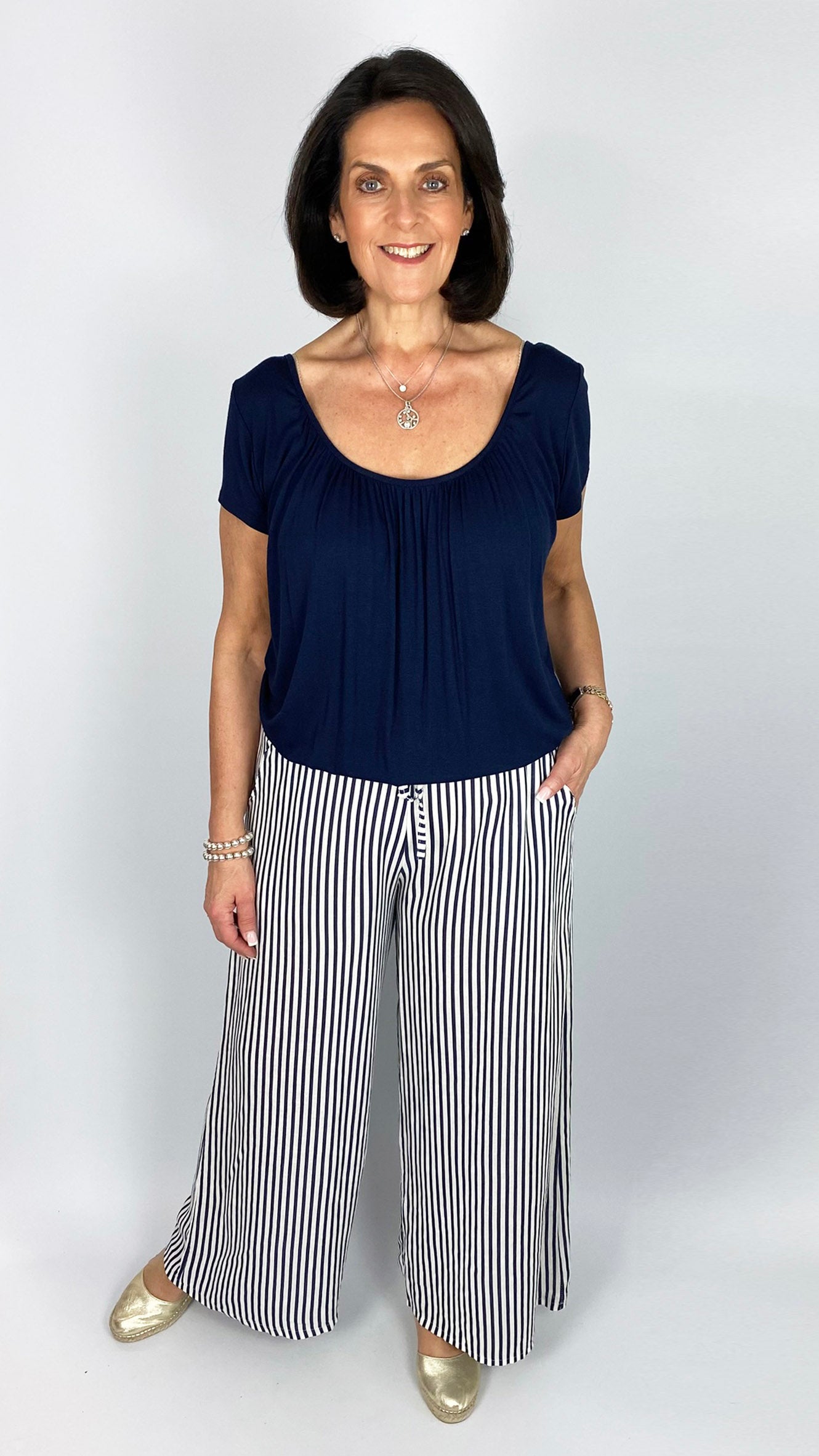 Linen stripe wide-leg pull-on pants | 3 Colours