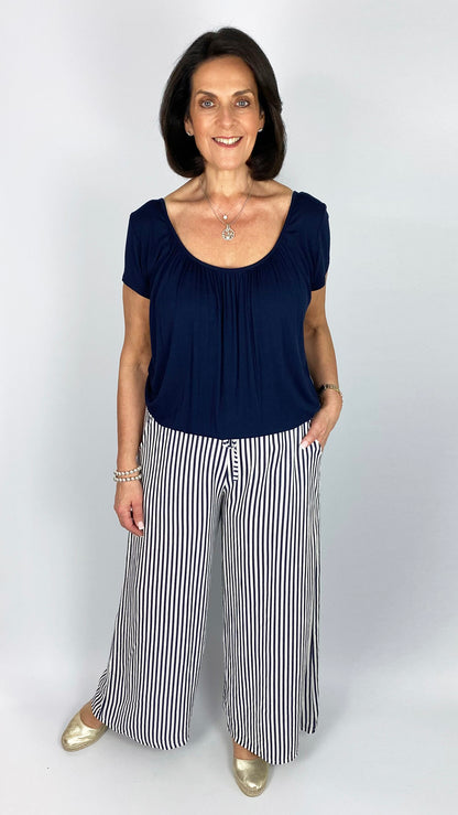 Linen stripe wide-leg pull-on pants | 3 Colours