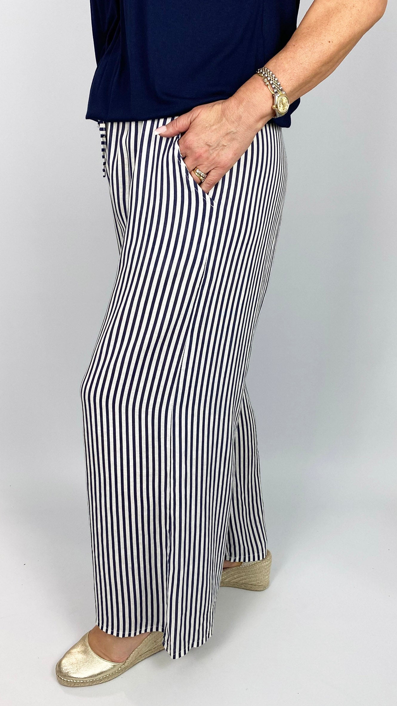 Linen stripe wide-leg pull-on pants | 3 Colours