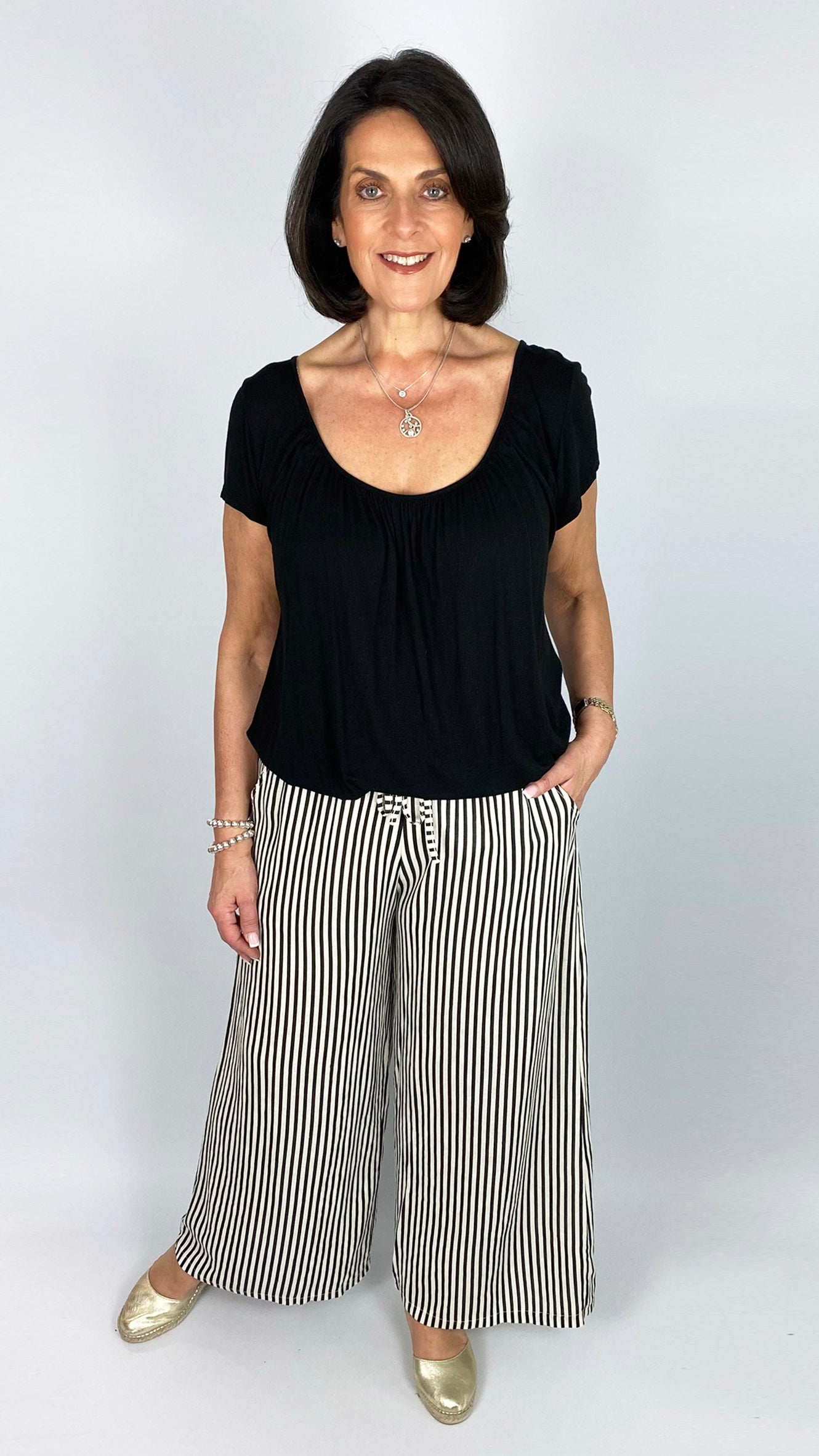 Linen stripe wide-leg pull-on pants | 3 Colours