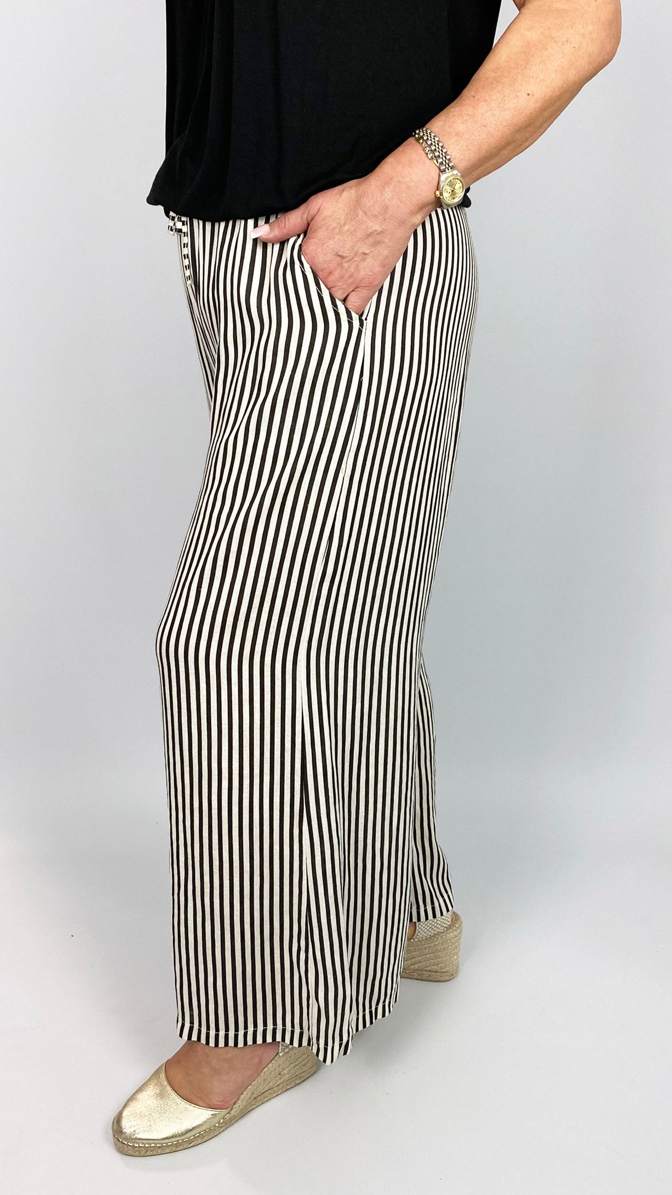 Linen stripe wide-leg pull-on pants | 3 Colours