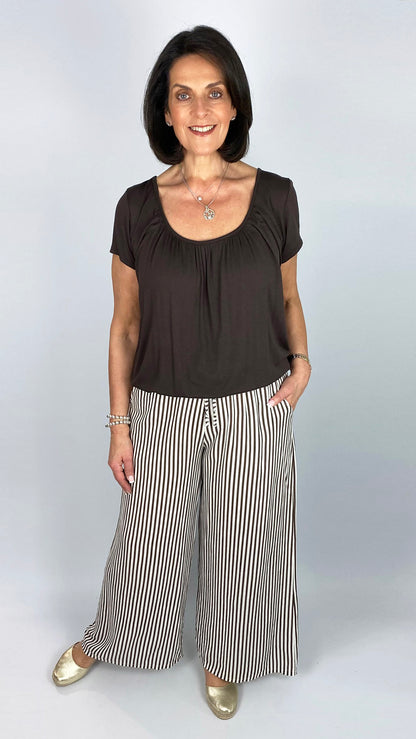 Linen stripe wide-leg pull-on pants | 3 Colours