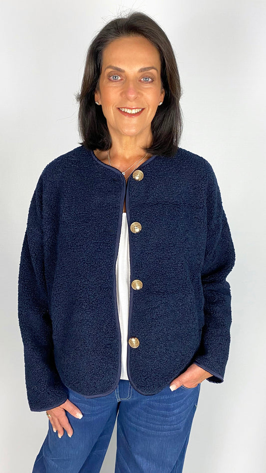 Boucle button-through satin trim collarless jacket | 4 Colours | last 1