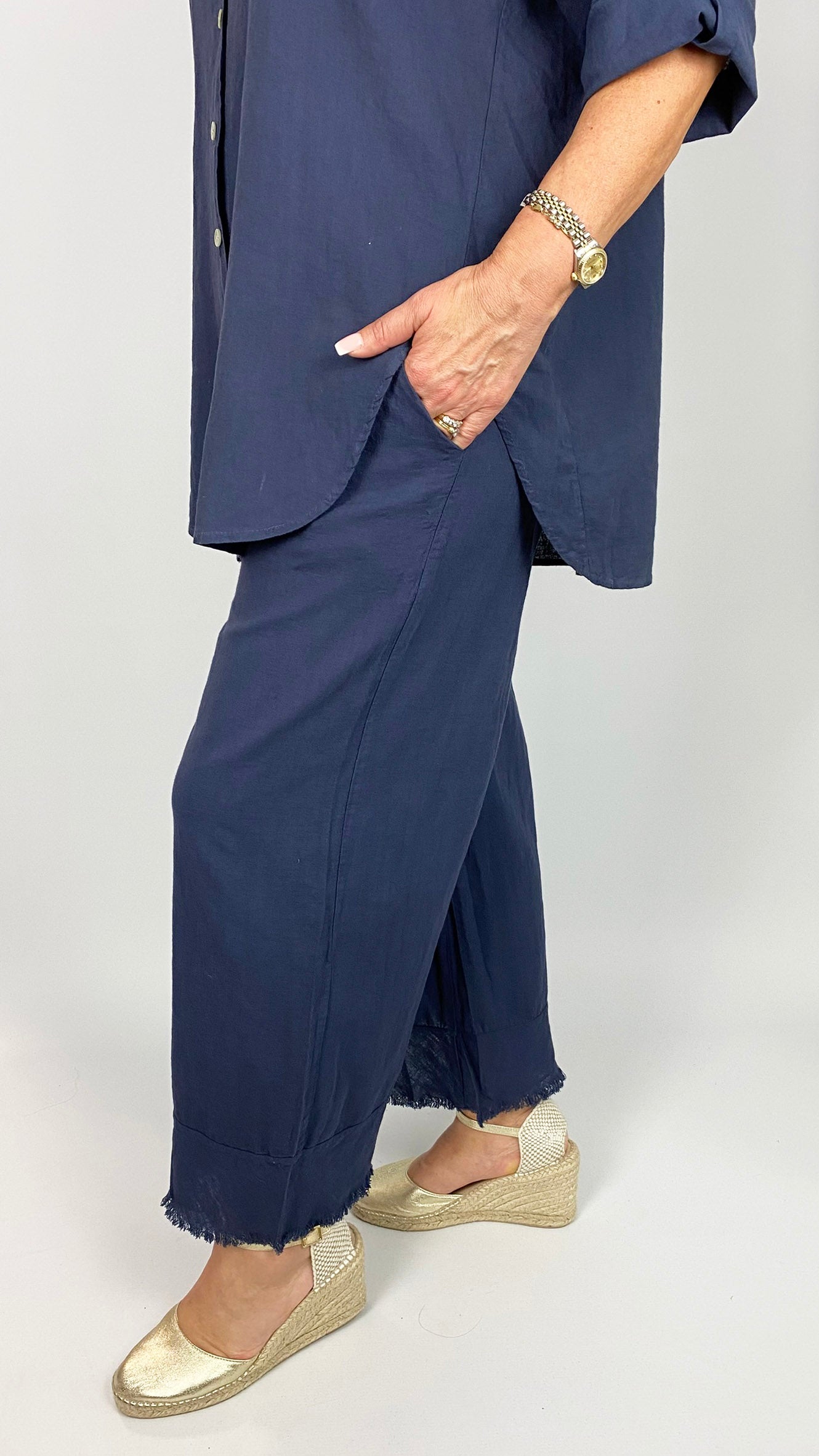 Linen & cotton mix fringed hem wide-leg trousers | 3 Colours