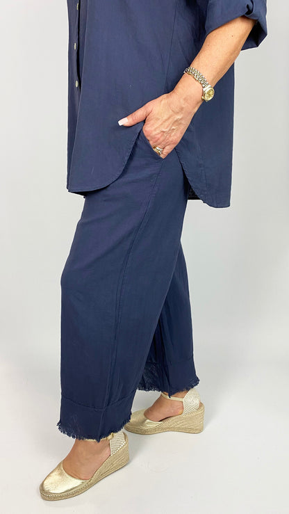 Linen & cotton mix fringed hem wide-leg trousers | 3 Colours
