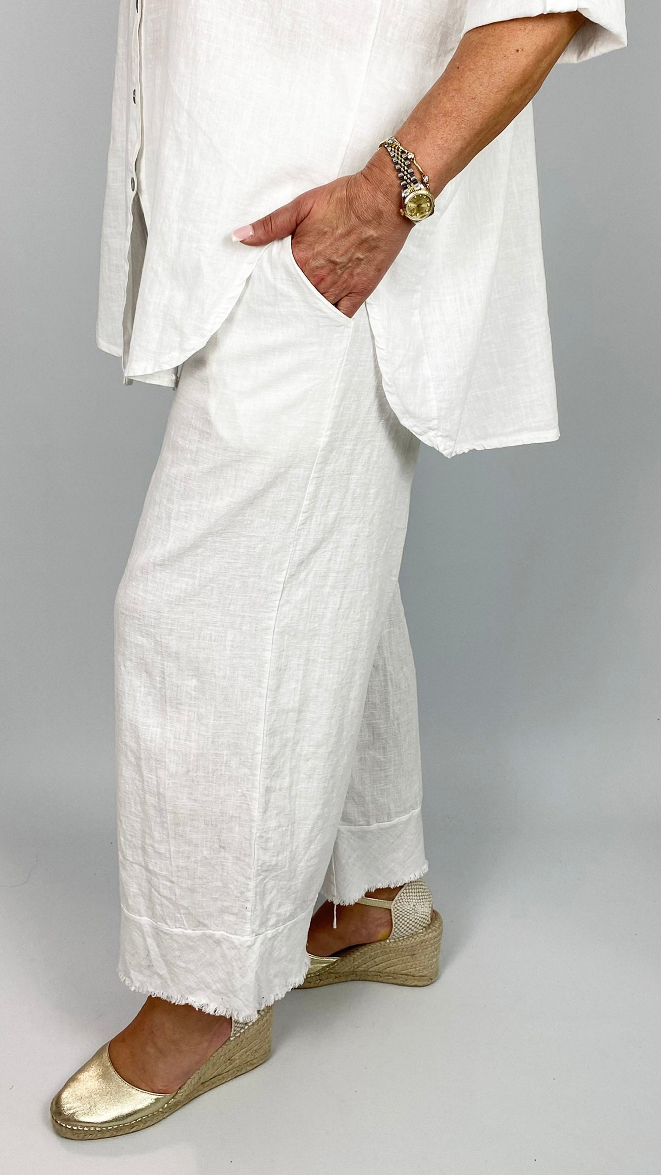Linen & cotton mix fringed hem wide-leg trousers | 3 Colours