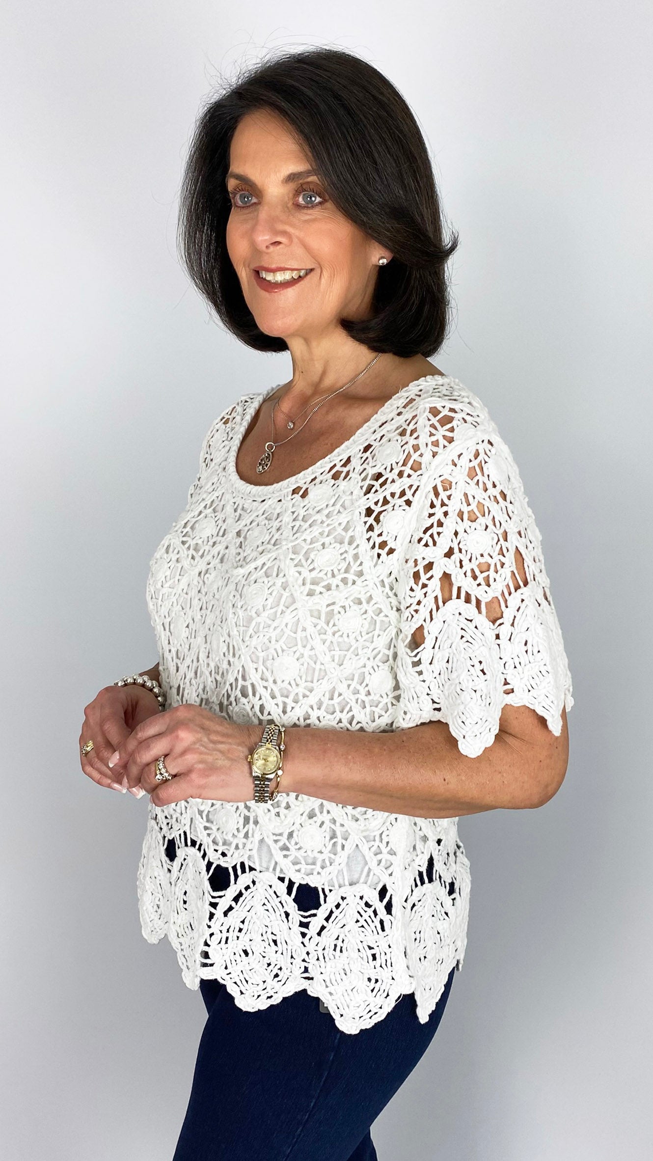 Scalloped hem & sleeve crochet top w/ cami | 2 Colours