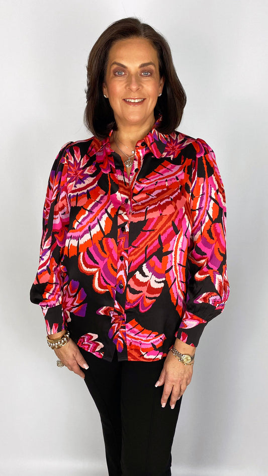 Puff sleeve print blouse (Black/Pink) by Malissa J