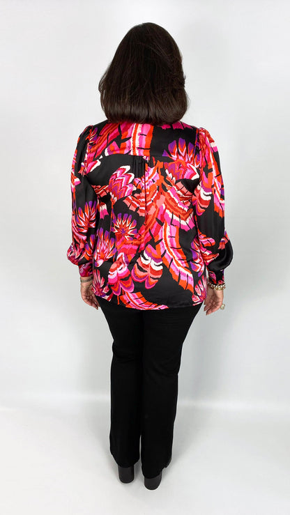 Puff sleeve print blouse (Black/Pink) by Malissa J