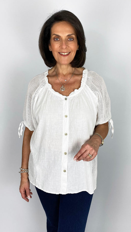 Linen & cotton mix mesh paneled top | White