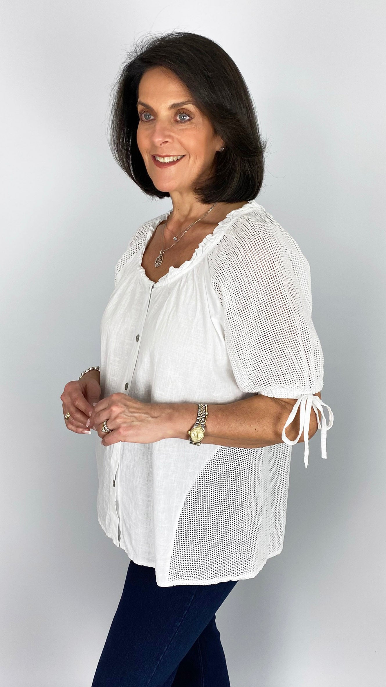Linen & cotton mix mesh paneled top | White