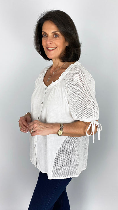 Linen & cotton mix mesh paneled top | White