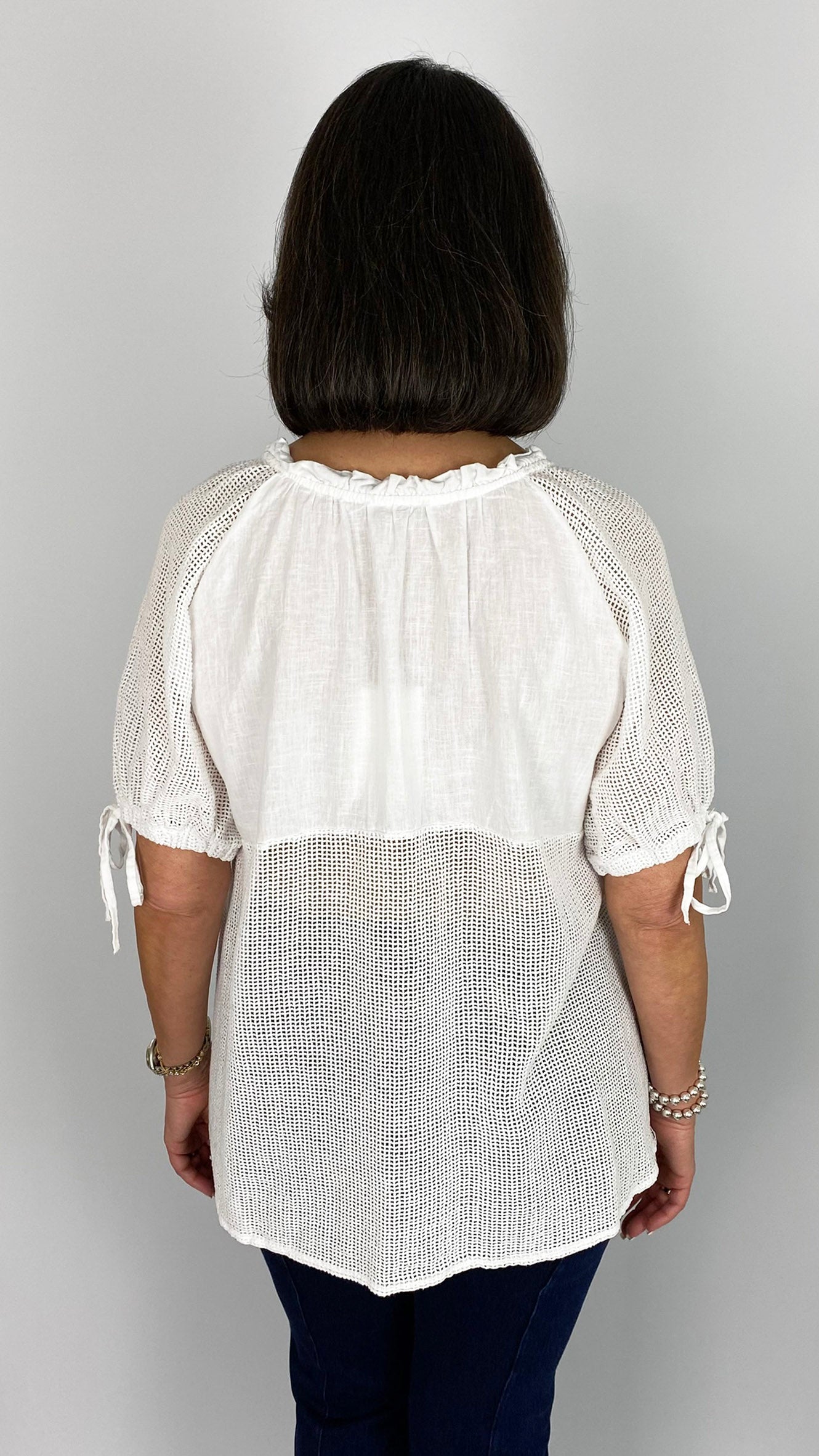 Linen & cotton mix mesh paneled top | White