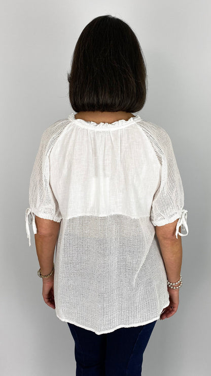 Linen & cotton mix mesh paneled top | White