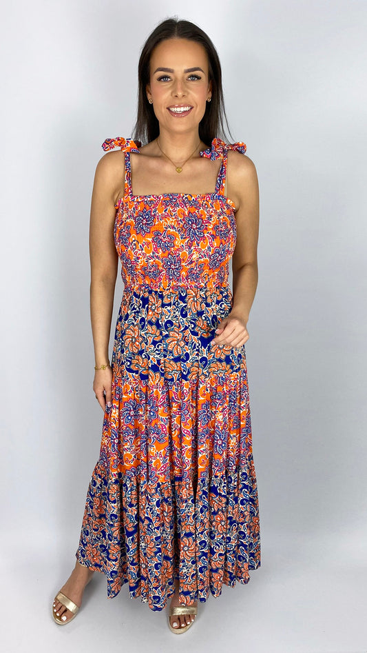Shirred bust tie-shoulder print maxi dress | Orange/Blue