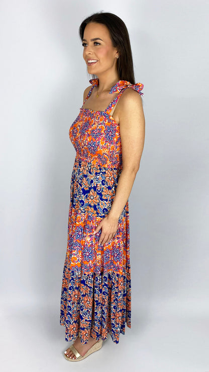 Shirred bust tie-shoulder print maxi dress | Orange/Blue