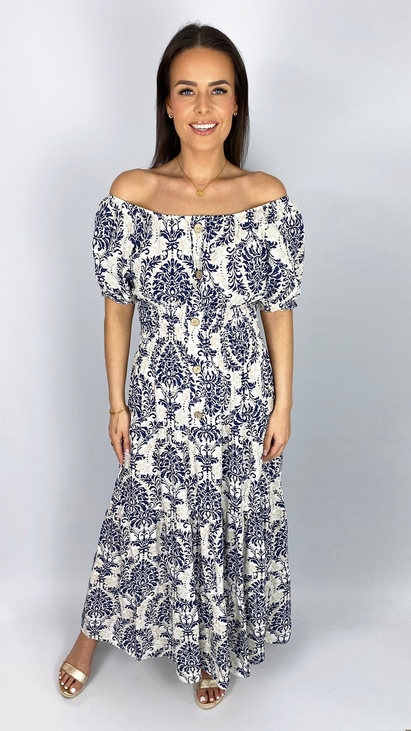 On/off-the-shoulder print tiered maxi dress | 4 Colours