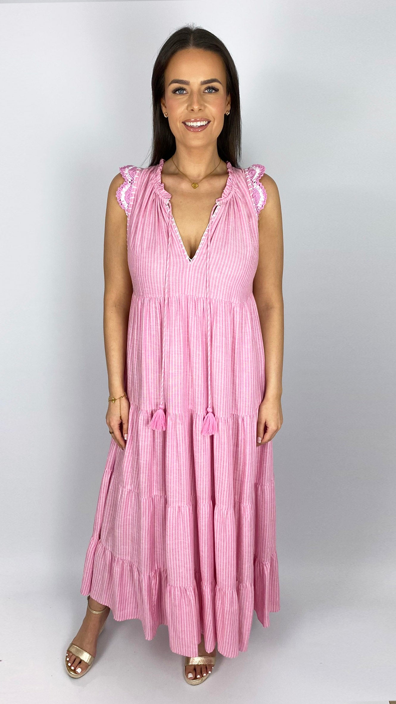Pinstripe crochet shoulder maxi dress | by Goa | Candy Pink