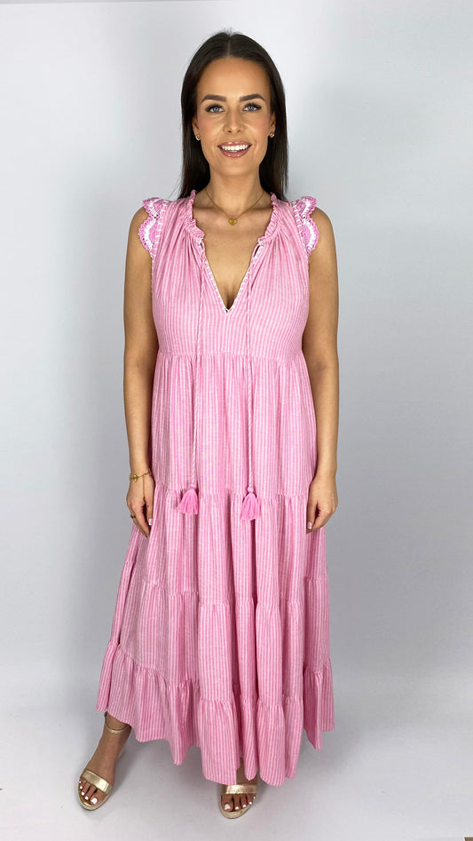 Pinstripe crochet shoulder maxi dress | by Goa | Candy Pink