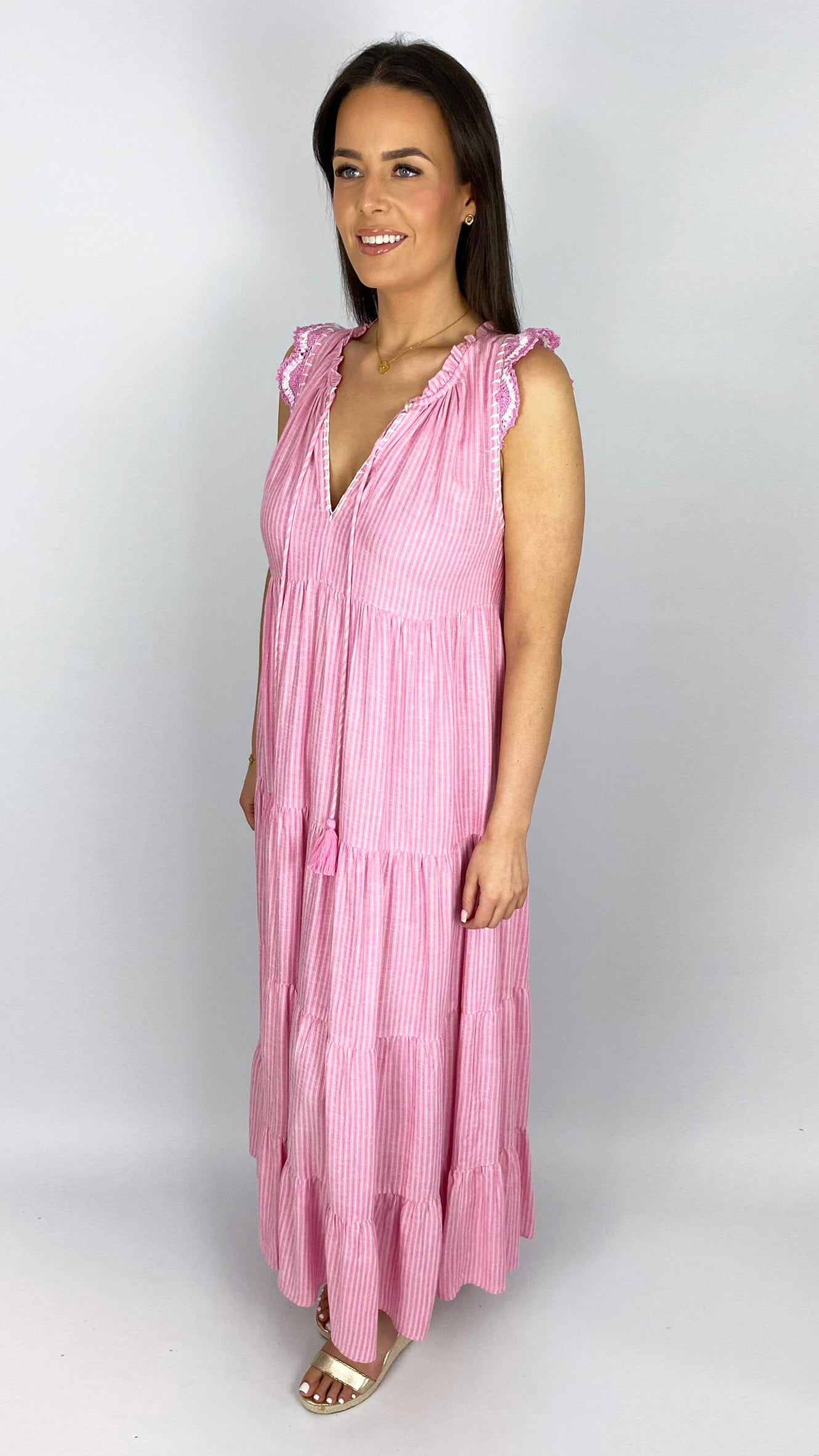 Pinstripe crochet shoulder maxi dress | by Goa | Candy Pink