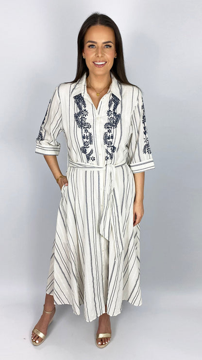 Cotton button-through embroidered shirtdress | by Goa | Off-White/Navy