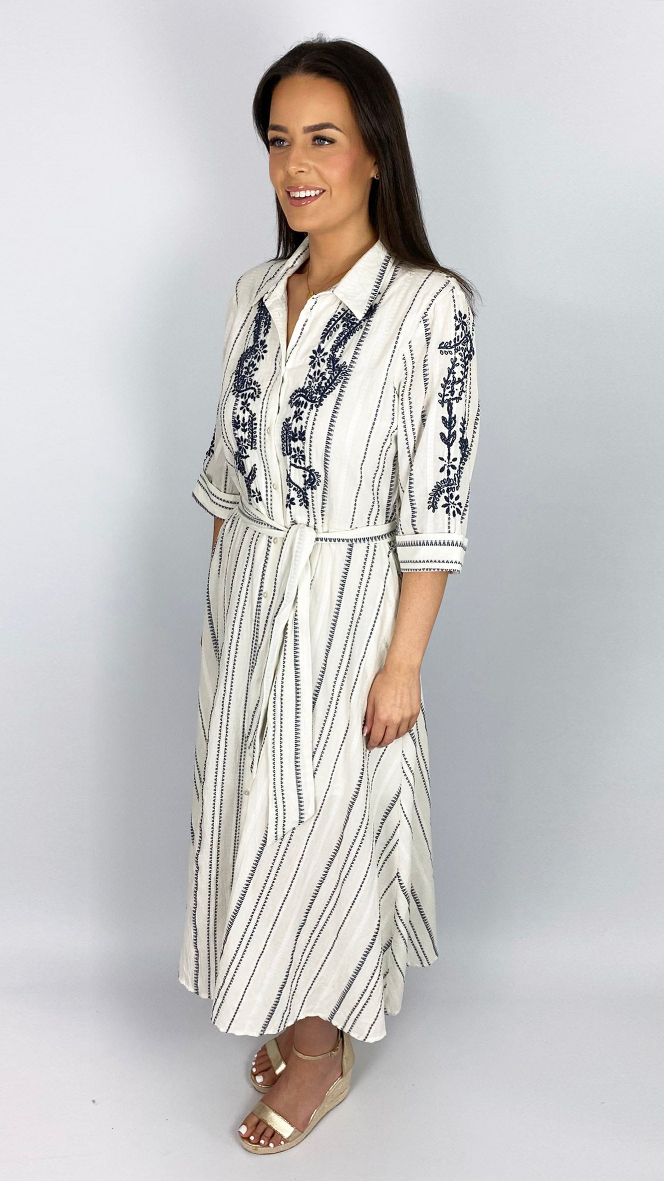 Cotton button-through embroidered shirtdress | by Goa | Off-White/Navy