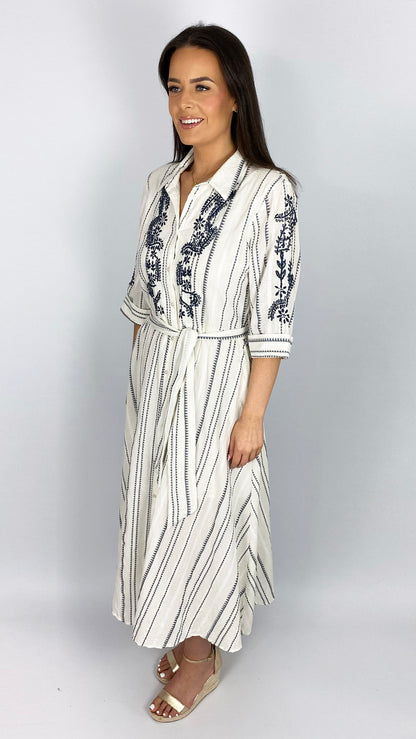 Cotton button-through embroidered shirtdress | by Goa | Off-White/Navy