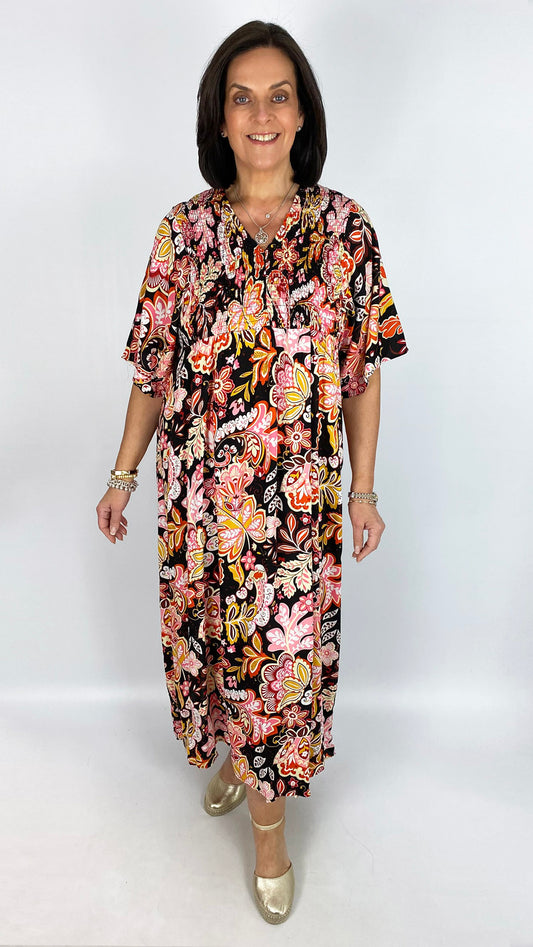 Shirred bust v-neck angel sleeve maxi dress | 7 Colours