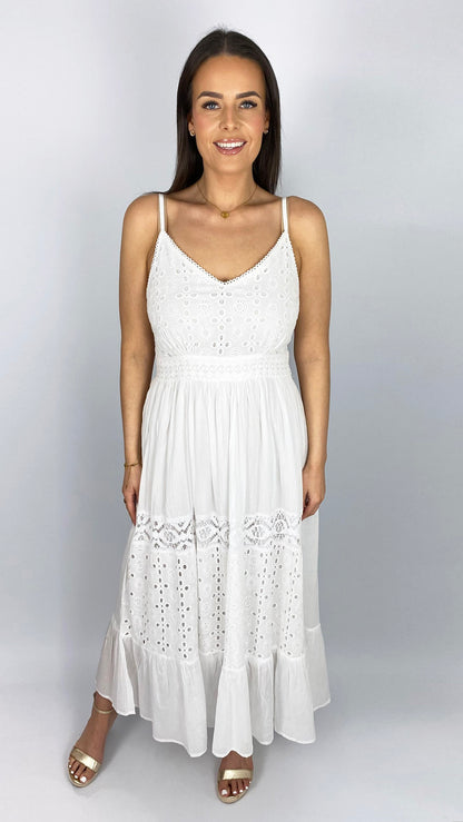 Cotton embroidery anglais strappy dress | White