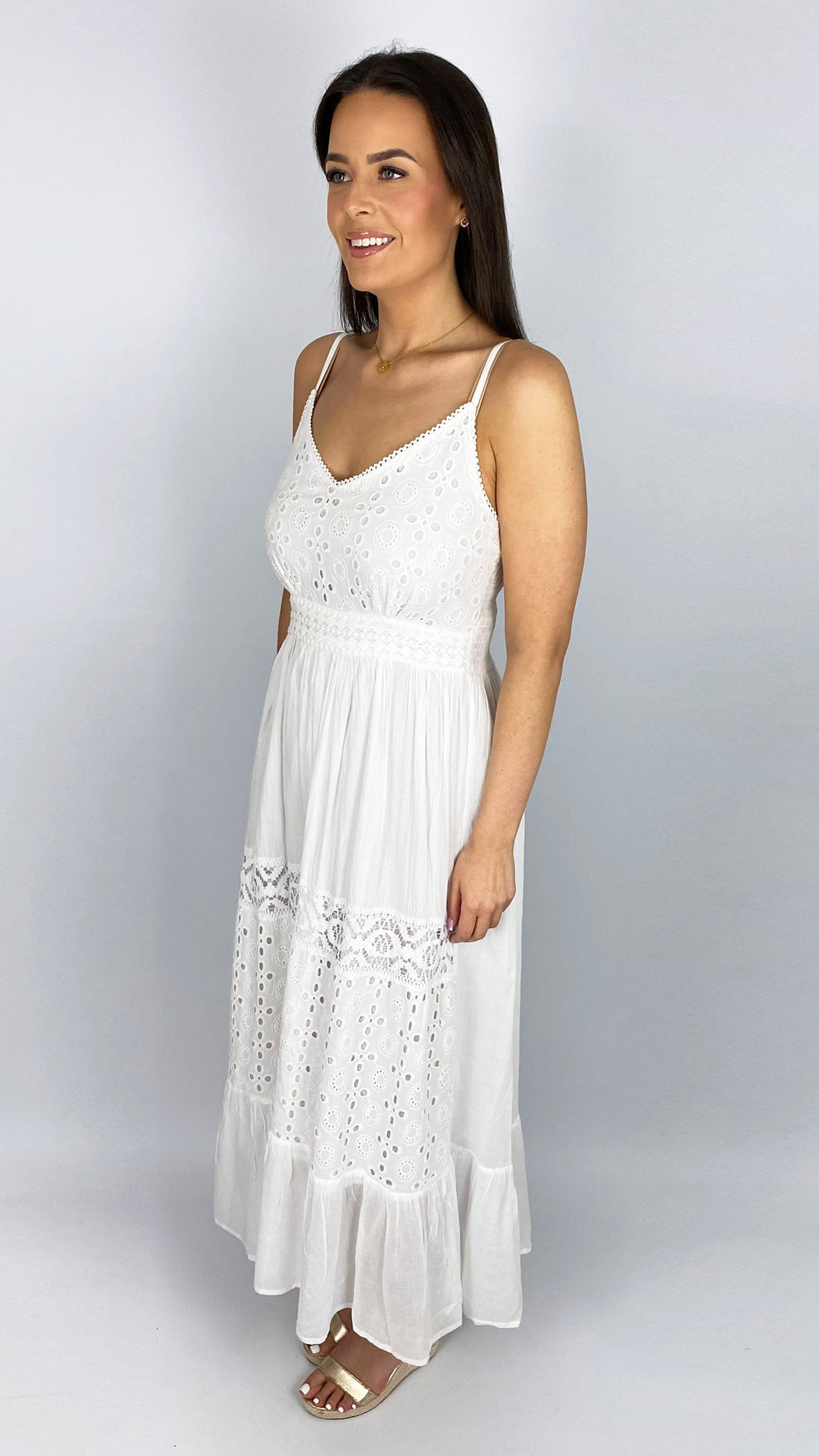 Cotton embroidery anglais strappy dress | White