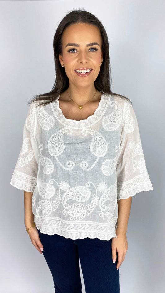 Scalloped edge embroidered top | White