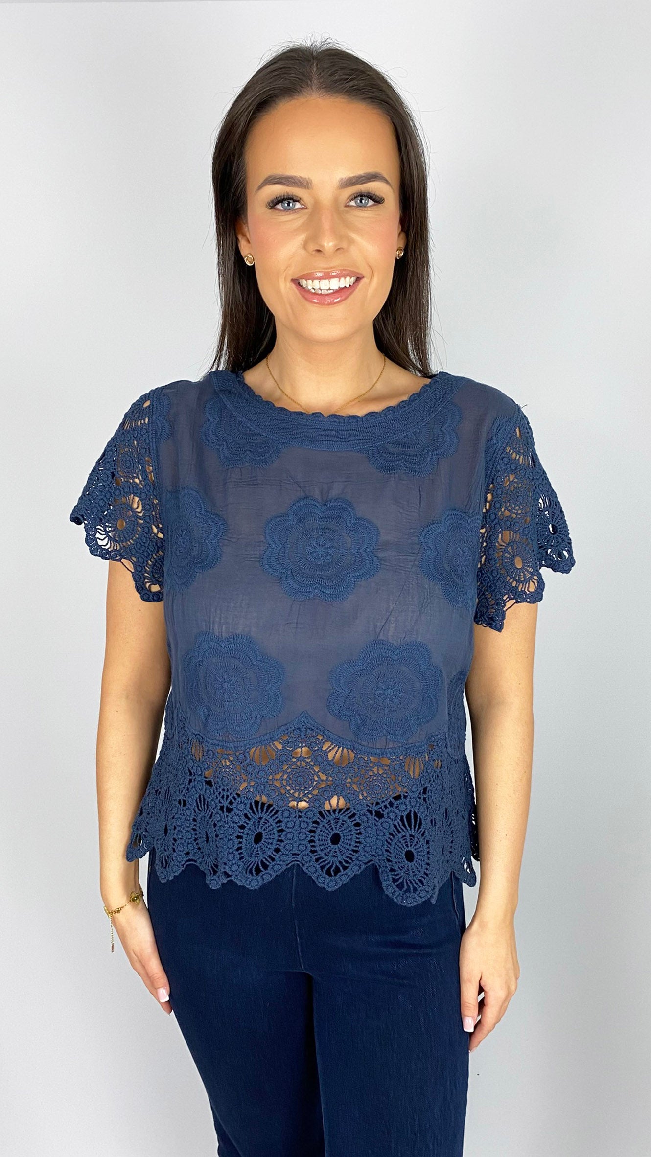 Scalloped crochet edge embroidered top | 2 Colours