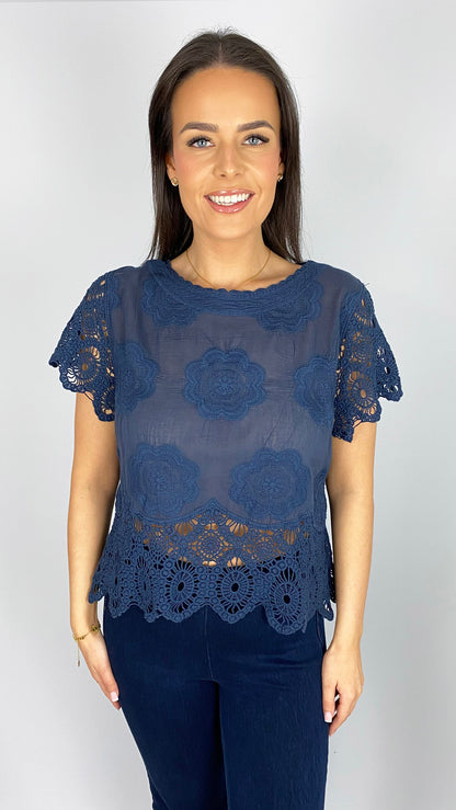 Scalloped crochet edge embroidered top | 2 Colours