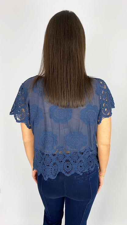 Scalloped crochet edge embroidered top | 2 Colours