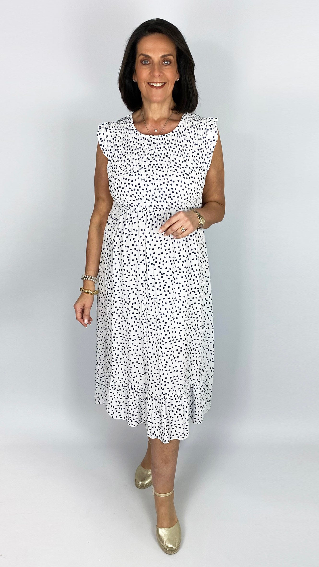 Frill shoulder polka dot shirred bust dress | White/Navy