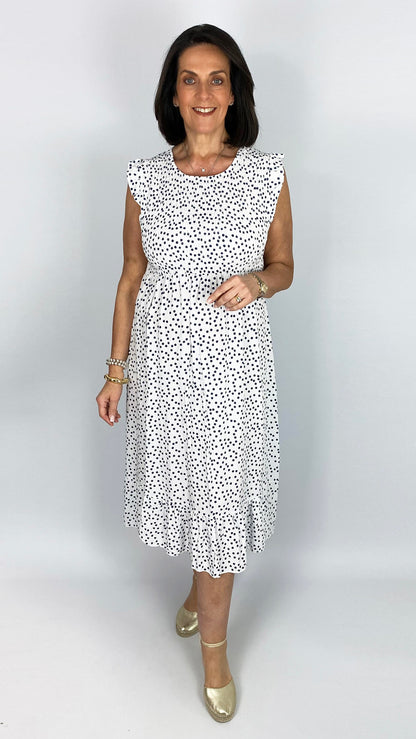 Frill shoulder polka dot shirred bust dress | White/Navy