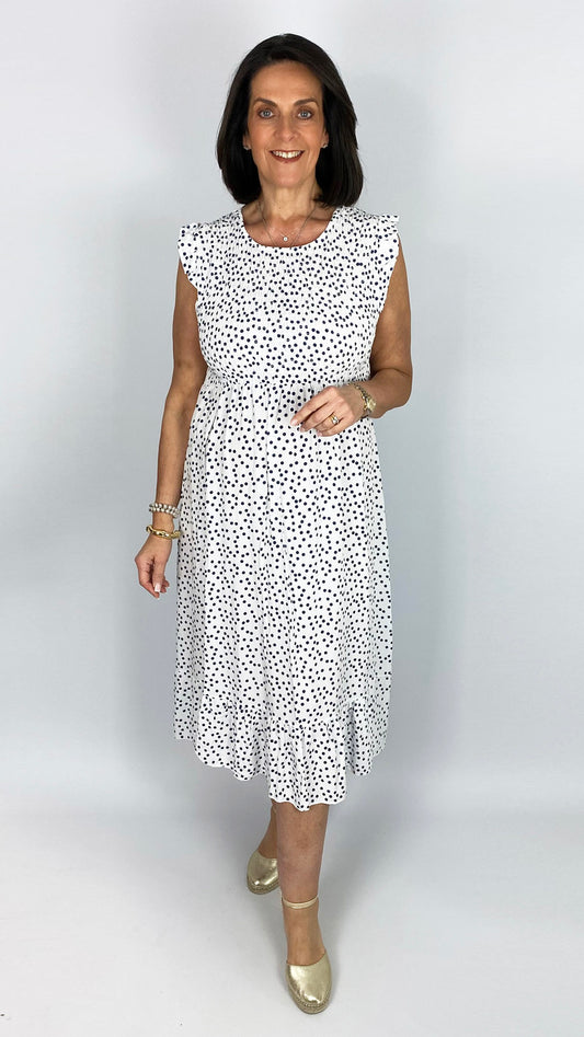 Frill shoulder polka dot shirred bust dress | White/Navy