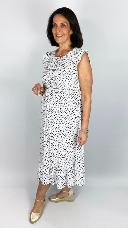 Frill shoulder polka dot shirred bust dress | White/Navy