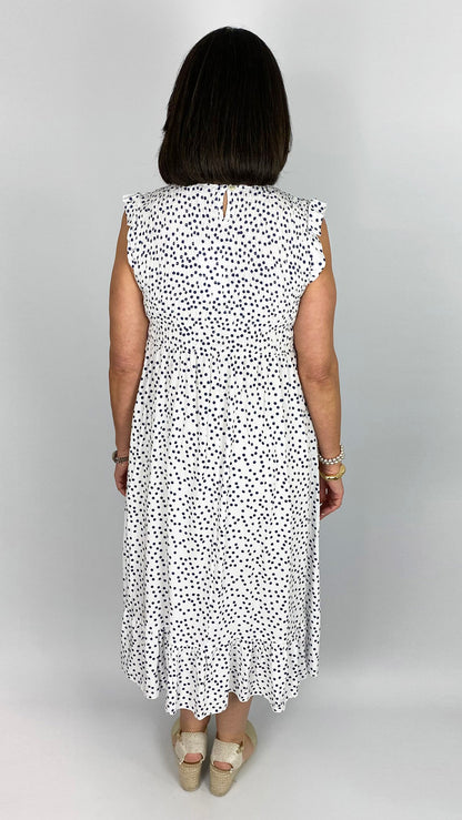 Frill shoulder polka dot shirred bust dress | White/Navy