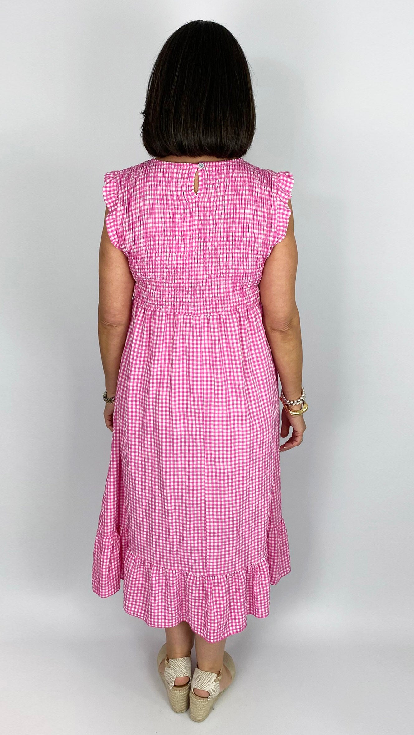 Frill shoulder gingham shirred bust dress | 4 Colours