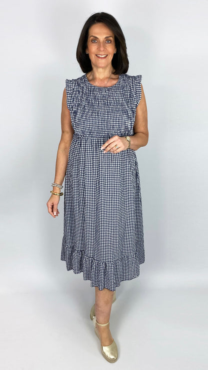 Frill shoulder gingham shirred bust dress | 4 Colours