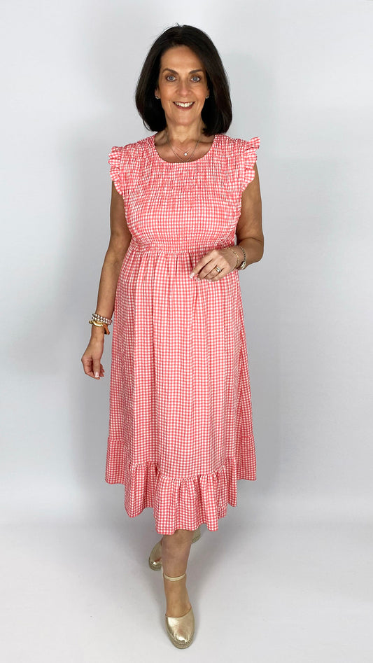 Frill shoulder gingham shirred bust dress | 4 Colours
