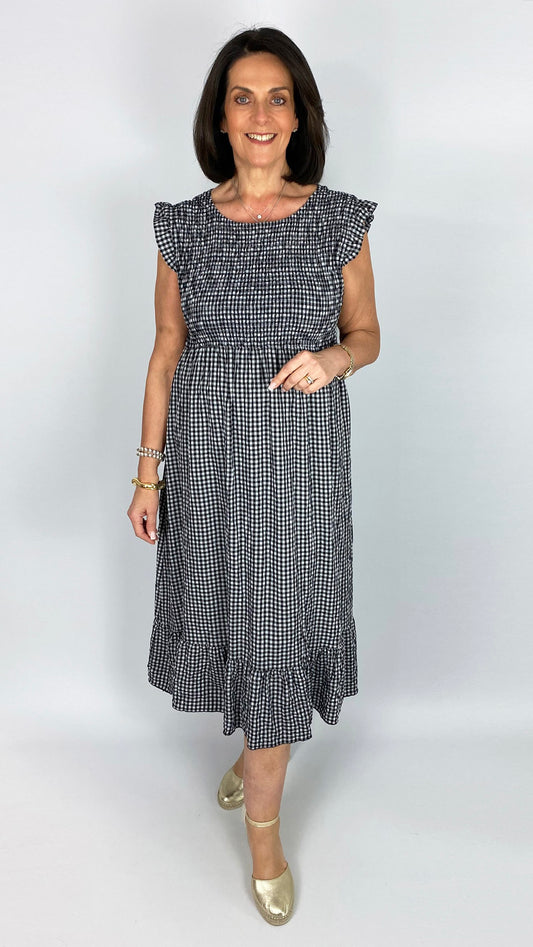 Frill shoulder gingham shirred bust dress | 4 Colours