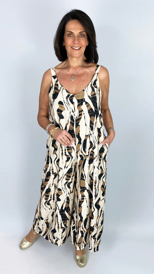 V-neck wide-leg print jumpsuit | Cream/Brown/Black