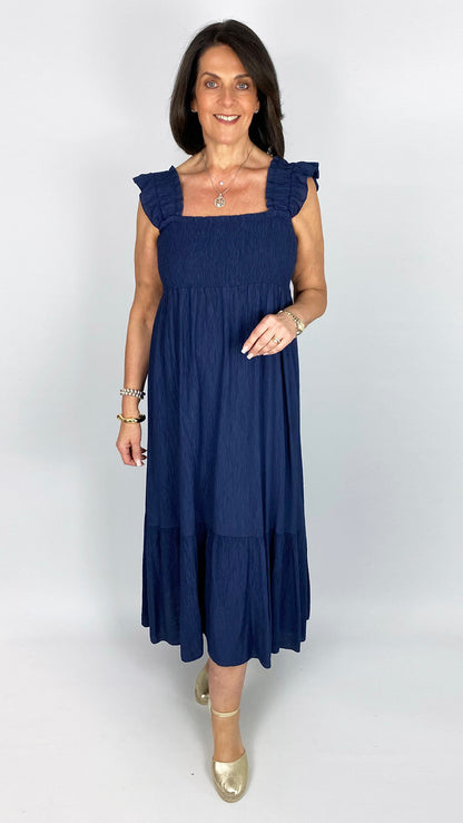 Shirred bust frill strap crinkle midaxi dress | 4 Colours